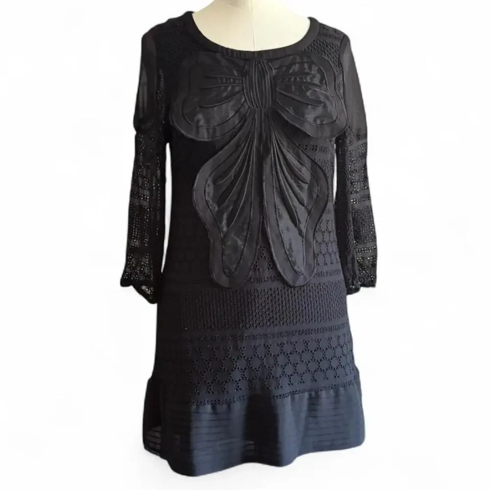 Black Lace Mini Dress with Statement Front Bow (sz 6) 321